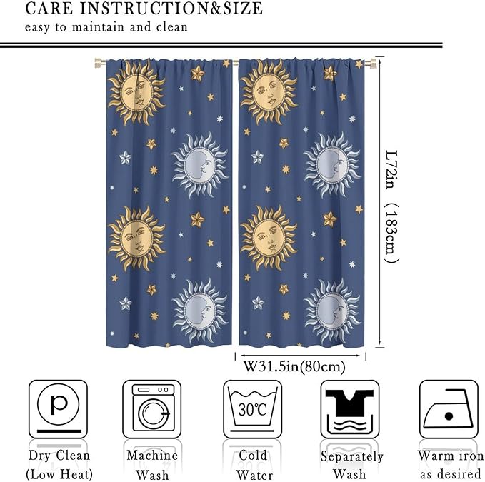 Vintage Sun Moon Bohemian Blackout Window Curtains, Retro Boho Style Print Rod Pocket Window Drapes, for Living Room Bedroom 63x72in 2 Panels
