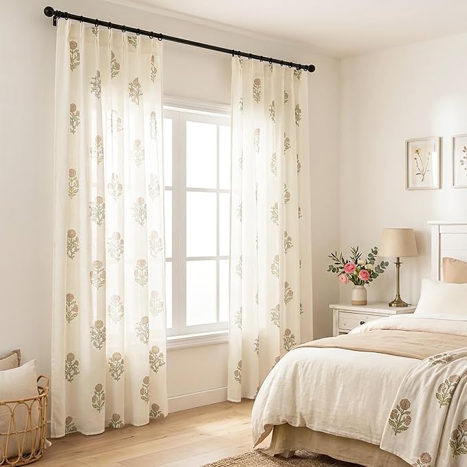 French Country Floral Linen Curtains for Living Room Dining Room, 84 Inch Neutral Farmhouse Pinch Pleated Drapes, Light Filtering Sheer Block Print Vintage Botanical Patterned Curtain for Bedroom