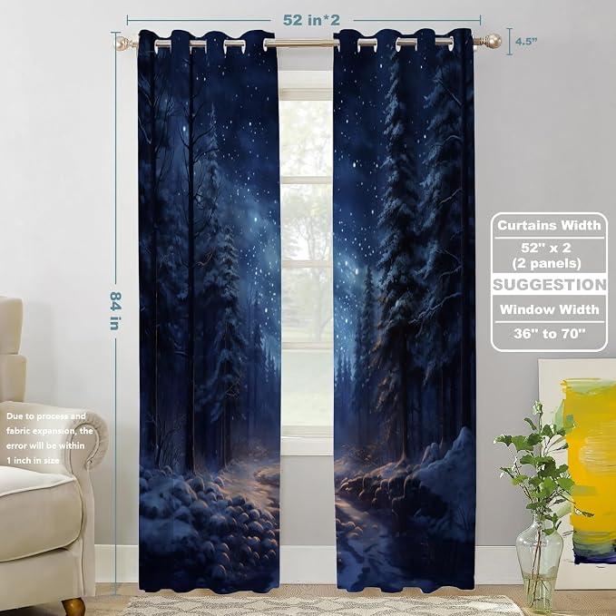 Shrahala Winter New Year Thermal Insulated Blackout Window Curtains, Stars Forests Snow Night Long Drapes for Bedroom/Living Room with Plastic Grommet, 52X84 Set of 2