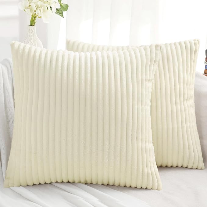Simmore Decorative Fall Throw Pillow Covers 18x18 Set of 2, Soft Natural Plush Flannel Double-Sided Fluffy Couch Pillow Covers for Sofa Living Room, Beige