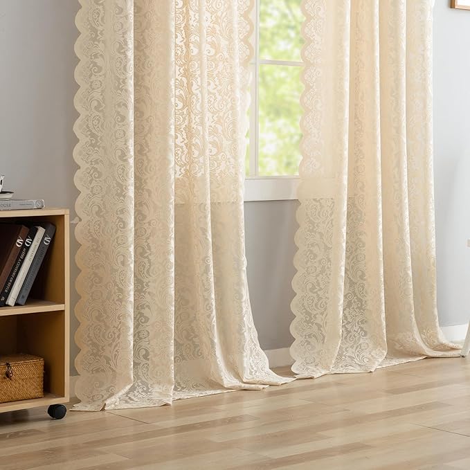 ALIGOGO Lace Beige Boho Curtains 96 Inches Long Set of 2 - Shabby Chic Semi Sheer Floral Curtains for Dining Room Rod Pocket Crochet Scalloped Edges Light Filtering Cottagecore Decor, 52 x 96 Inch