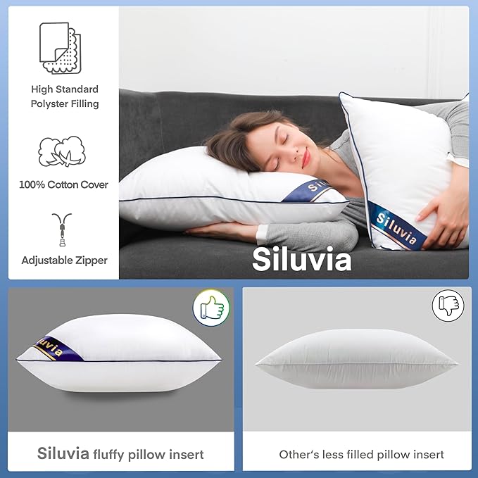 Siluvia 24x24 Pillow Inserts Set of 2 Square Throw 24 Euro Pillows with 100% Cotton Cover for Sofa, Couch, and Bed - White | 100% pure cotton cover, soft and breathable