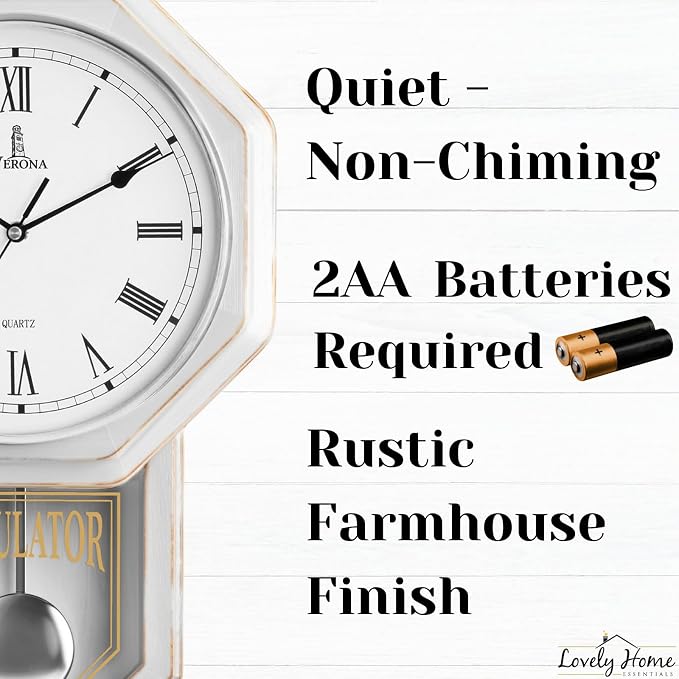 White Pendulum Wall Clock - Real Wood Regulator Clock - Rustic, Farmhouse Schoolhouse Design 18x11 - Quiet, Non-Chiming, Wooden & Battery Operated - Decorative Wall Decor for Living Room, Home, Office