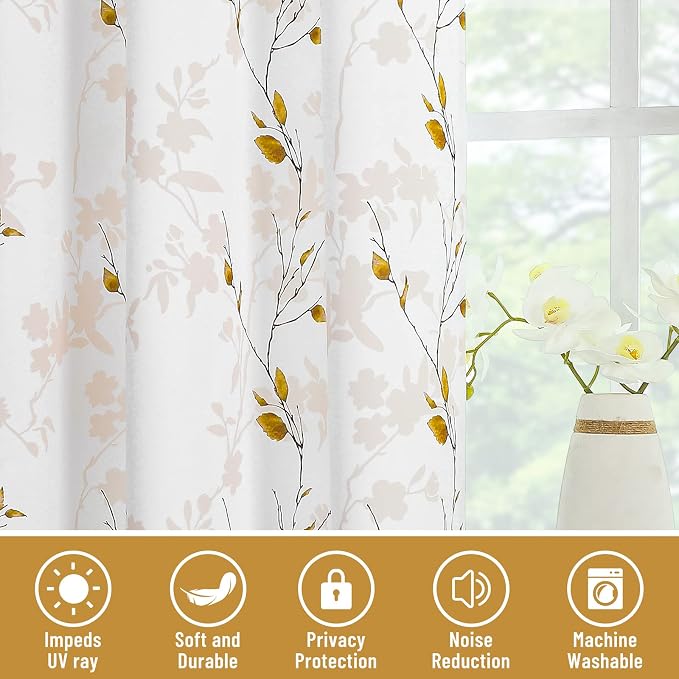 Joydeco Floral Curtains 63 Inches Long for Bedroom 2 Panels, Room Darkening Curtains Patterned Panels for Living Room with Grommet, 80% Blackout Leaf Printed Drapes(Leaf Brown-63)