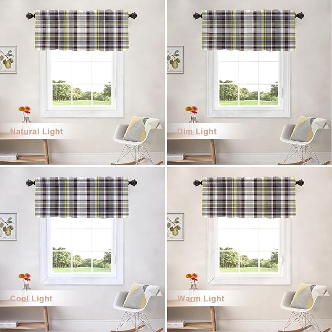Shrahala Grunge Vintage Art Plaid Blackout Short Curtains for Windows, Tartan Grey Kitchen Valance Thermal Insulated Rod Pocket Window Treatment for Bathroom 52 X 18 in