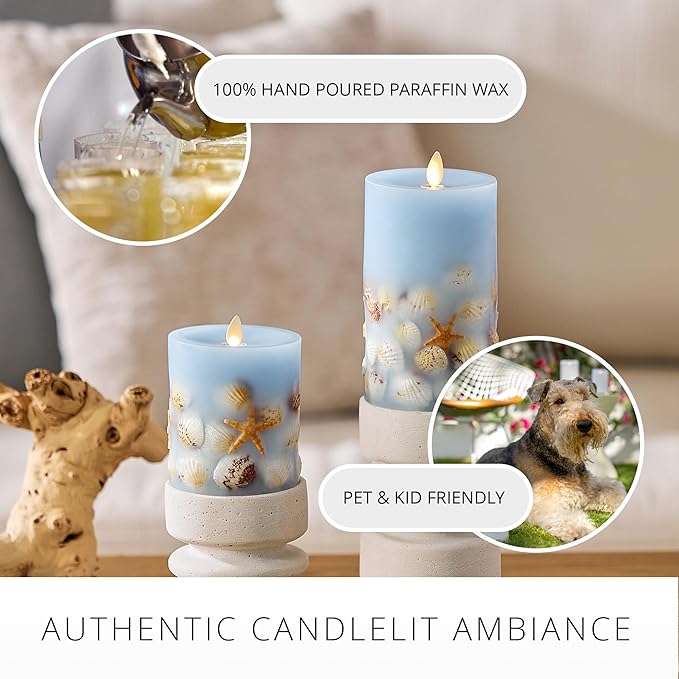 Luminara Flameless LED Candle Soft Chambray Embedded Seashell & Starfish Moving Flame Pillar Unscented Real Wax with Recessed Edge (4.5-inch)