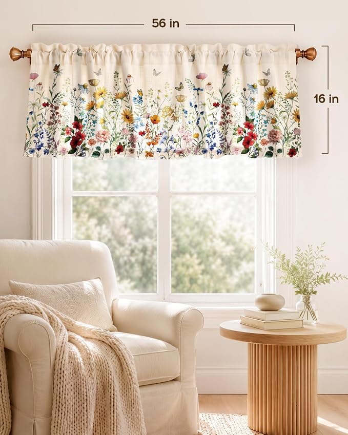 Miss Adola Valance Curtain for Windows - 16 Inch Linen Blend Farmhouse Floral Valance for Kitchen Living Room Bedroom Bathroom Vintage Country Short Curtain with Rod Pocket, 1 Panel