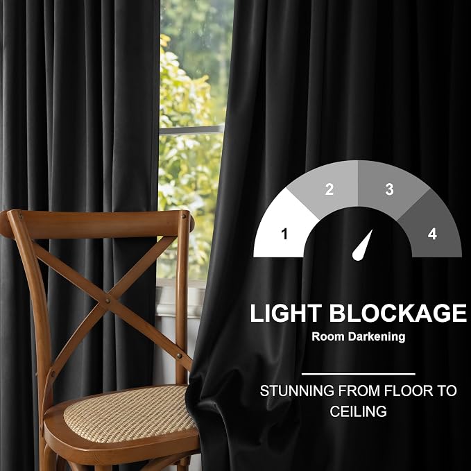 Black Velvet Curtains for Living Room 108 Inches Long 2 Panels Heat Noise Reducing Black Out Drapes for Sliding Door Movie Theater Man Cave Masculine Modern Victorian Vintage Bedroom Decor 9ft Length