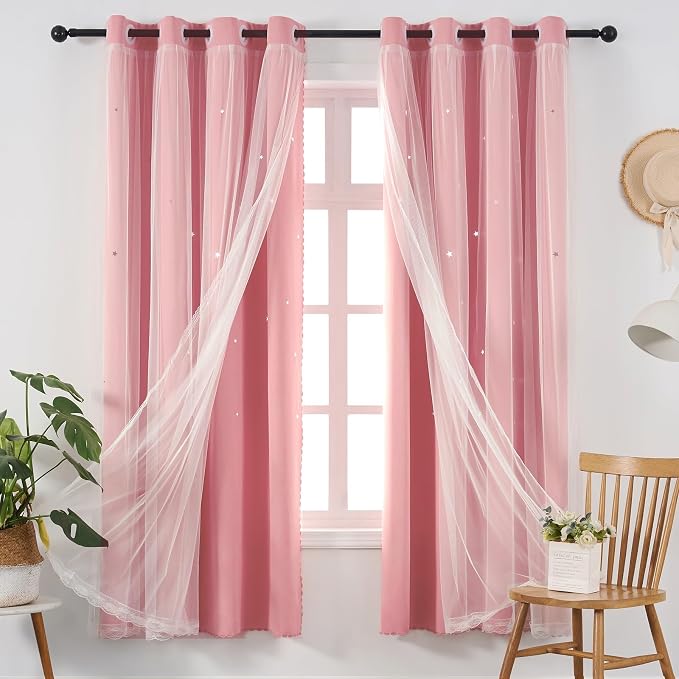 Pink Curtains Cute Blackout Curtains for Girls Room 63 Inches Long 2 Panels Star Cutout Nursery Curtains & Drapes Double Layer with Lace Bedroom Decor Window Treatments 63 Inch Length