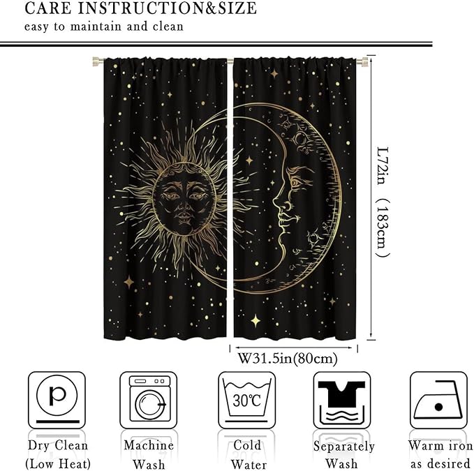 Gold Sun and Moon Blackout Windows Curtains, Fantasy Mandala Bohemian Universe Galaxy Printed Curtains, for Living Room Bedroom 63x72in 2 Panels