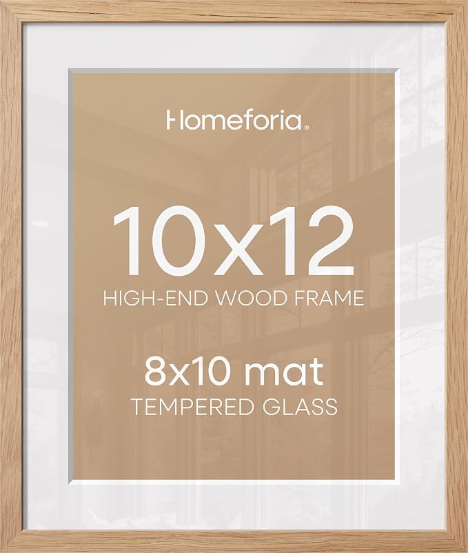 Homeforia 10x12 Picture Frame Wood, High End Natural Oak 10x12 Light Wooden Poster Frames with Mat 8x10, 10 x 12 Frames Matted to 8 x 10 Photo, 12x10 Hanging Frames, Tempered Glass, Wall Kit, Set of 2