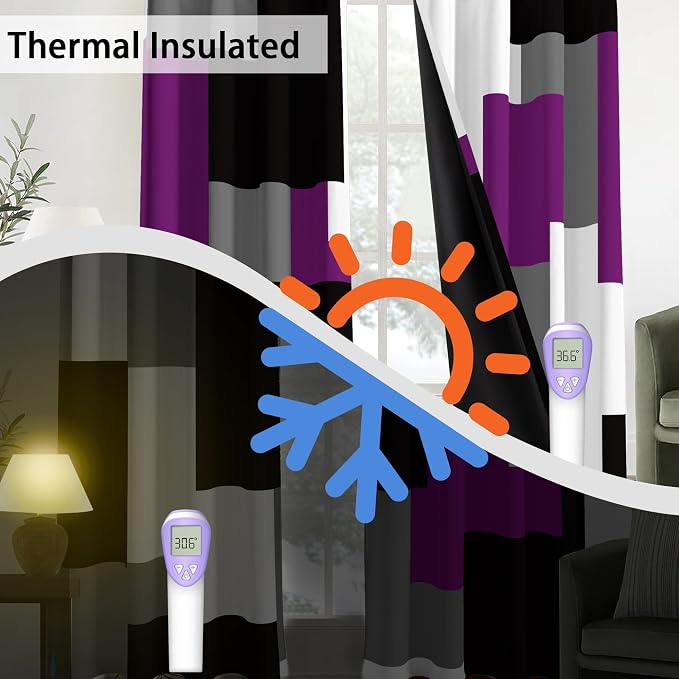 Tyrot Purple 100% Blackout Curtains for Bedroom 108 inch Extra Long 2 Panels Set Black White Grey Modern Abstract Geometric Black Out Curtains Room Darkening Window Drapes for Living Room, 52Wx108L