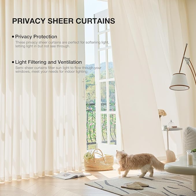 Anmao Non-See-Through Beige Privacy Semi Sheer Curtains for Living Room 84 Inch Length 2 Panels Set, Light Filtering That Let Light in Rod Pocket Window Drapes for Bedroom, 52W x 84L, Beige