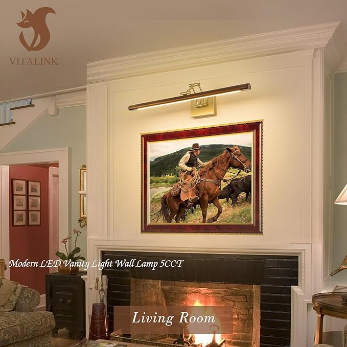 VitaLink Picture Lights for Wall, Hardwired 27.5" Long Gold Wall Picture Artwork Paintings Display Lighting Swing Arms Wooden Wall Lamp Bathroom Vanity Light Dimmable 5CCT