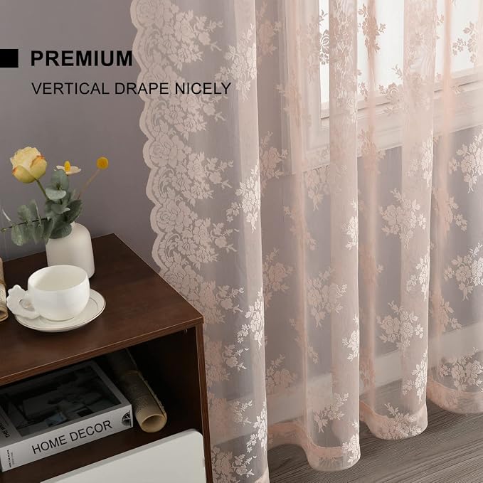 Kotile Blush Pink Lace Curtains for Bedroom, Country Floral Embroidered Vintage Sheer Lace Curtains 45 Inch Length 2 Panels Set, Rod Pocket Privacy Scalloped Lace Window Curtains, Each 52 x 45 Inch