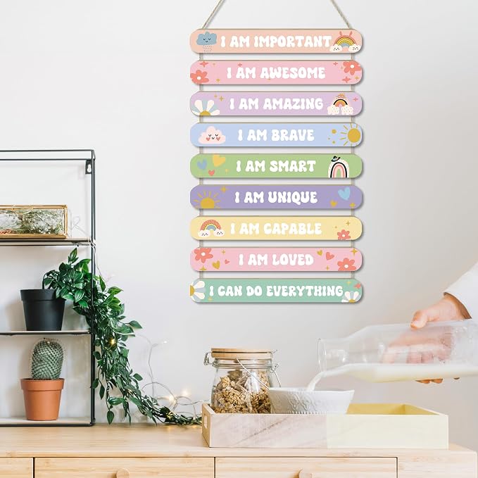 MONALET Pastel Boho Inspirational Wall Decor for Girls Kids Room Nursery Toddlers Playroom Classroom, Positive Affirmations Hanging Wooden Signs Decorations, I Am Loved Wall Art Wood Plaque 9Pcs 12x19