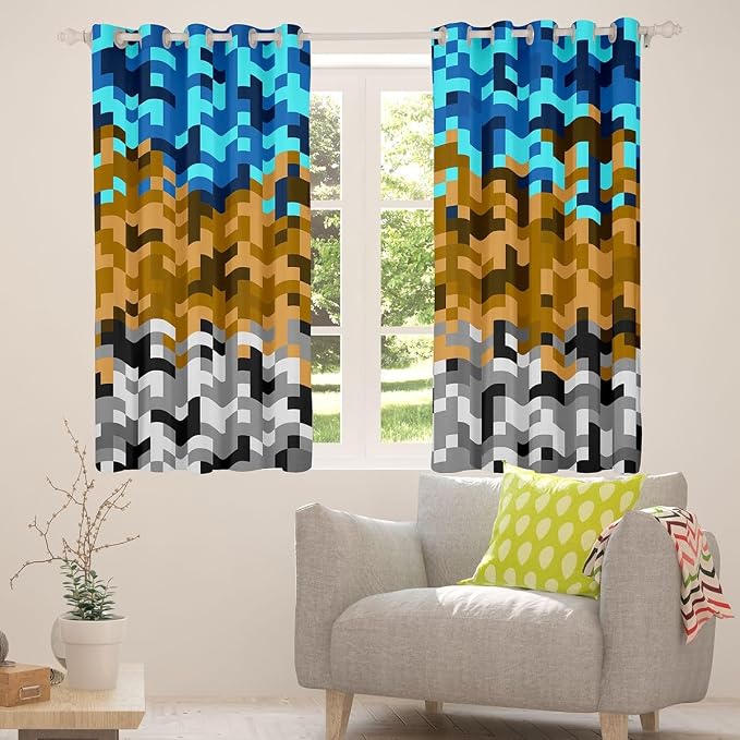 Pixelated Miners Gaming Window Curtain,Blue Brown Grey Grid Blackout Window Treatment ,Kids Teens Adult Construct Video Games Bedroom Curtains Geometric Block Living Room Decor Top 2 Panels,42Wx90L