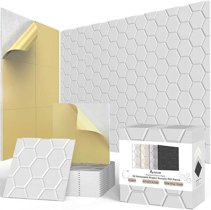 12Pack Acoustic Wall Panels, Honeycomb Self-Adhesive Sound Proof Foam Panels for Walls, High Density Decorative Hexagon Sound Absorbing Wall Tiles for Recording Studios, Home, 12"×12"×0.4", White