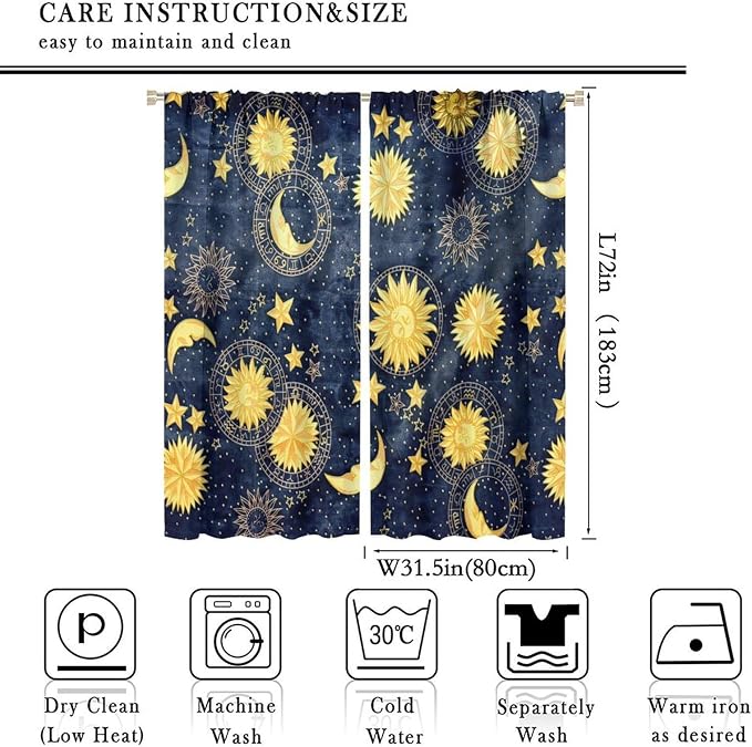 Boho Sun Moon Blackout Window Curtains, Bohemian Golden Sun Moon Stars Print Rod Pocket Window Drapes, for Living Room Bedroom 63x72in 2 Panels