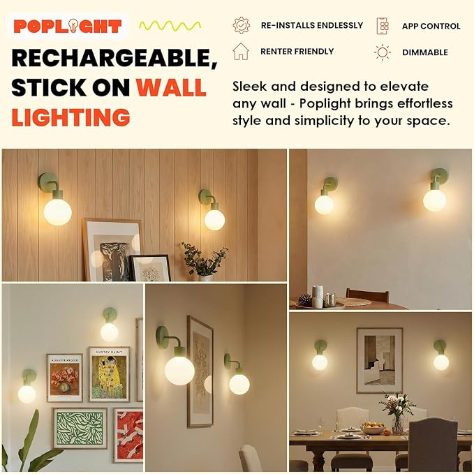 Poplight Wireless Wall Sconce (Shark Tank) Rechargeable & Dimmable LED Light w/App Control & Damage-Free Install, Moveable Modern Ambient Lighting for Elegant Home & Bedroom Decor | Sage Green