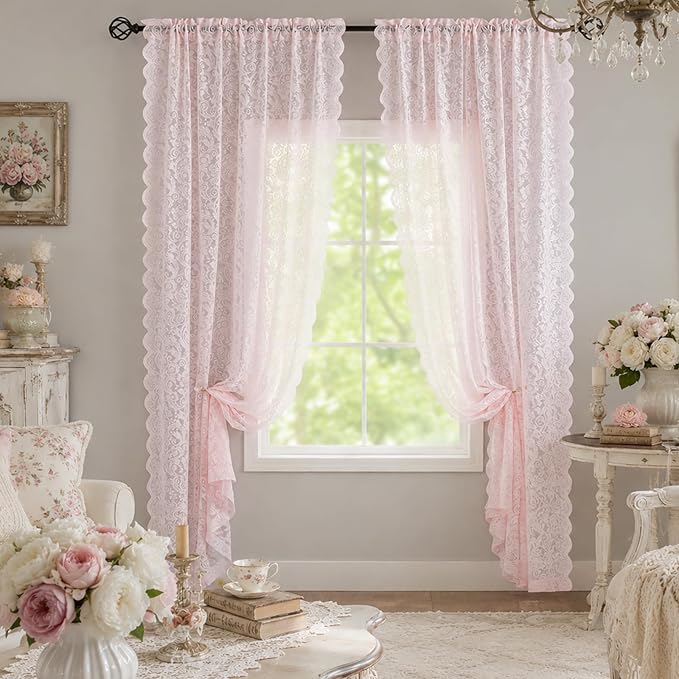 Pink Lace Curtains 72 Inches Long 2 Panels, Floral Coquette Sheer Drapes | Vintage Floral Lace, Feminine Elegant, for Grils Bedoom Nursery, Light Filtering, Cutecore Room Decor, 52W x 72L Inch