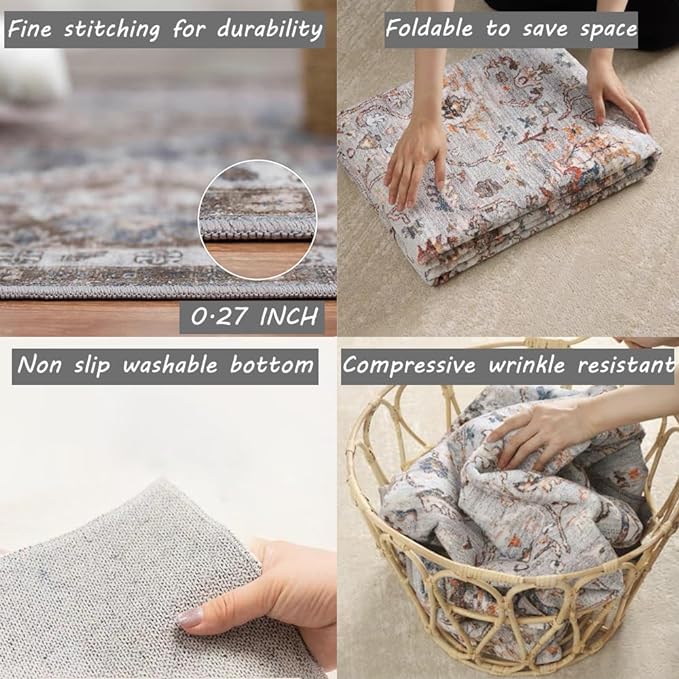 CHAMPLANT Retro Washable Area Rug 4X6 Washable Living Room Boho Chic Medallion Distressed DesignIndoor Non-Slip Large Accent Throw Rug for Kitchen Bedroom Office Carpet