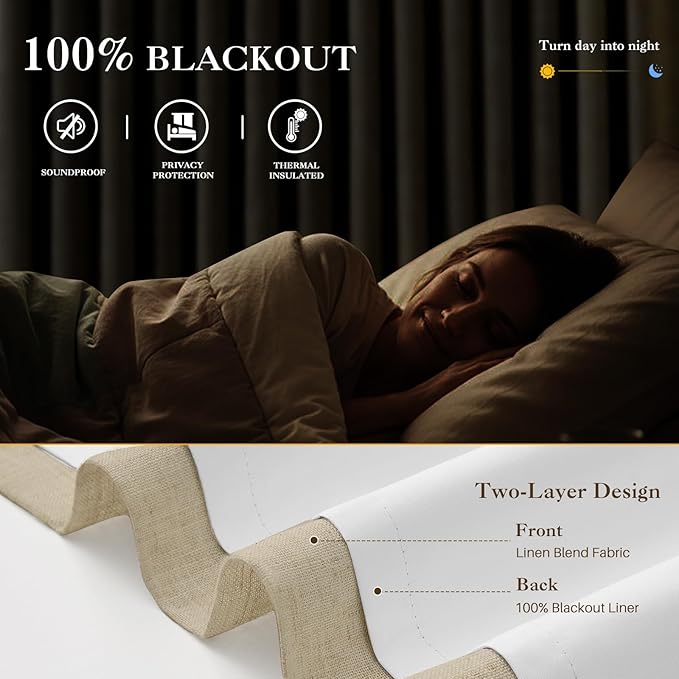 IVAPUPU Sand Pinch Pleated Full Blackout Linen Curtains for Bedroom, Black Out Curtains 108 Inches Long for Living Room Darkening Thermal Insulated Neutral Pleat Drapes with 16 Hooks, 2 Panels