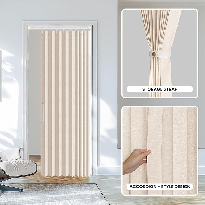 AJAZZ Set: Curtain Rods No Drilling (38-53" W Adjustable Range) & Accordion Door Curtain, Beige 53W×78" L, Accordion Doors for Closet Doorway Room Divider