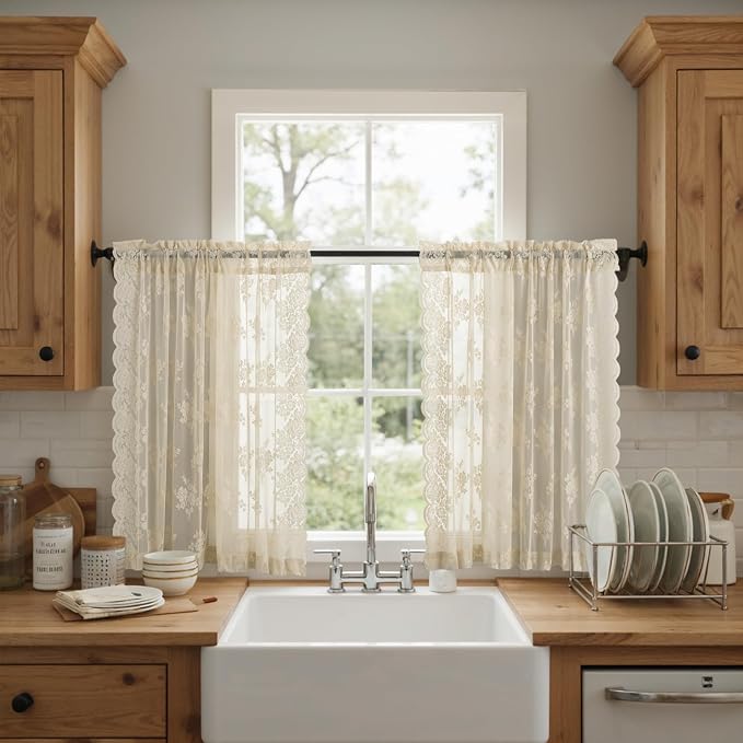 Kotile Beige Lace Curtains 54 Inch Length 2 Panels Set, Country Rustic Floral Patterned Vintage Short Lace Curtains for Bedroom, Rod Pocket Light Filtering Privacy Sheer Curtain, 42 x 54 Inch