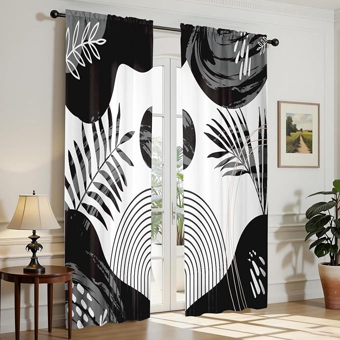 Boho Mid Century Black and White Living Room Curtains, 84 Inch Modern Arch Sun Leaves Light Filtering curtains for Dining Room, Black Gray Abstract Geometric Line Bedroom Curtain, Home Decor, 2 Panels