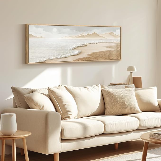 Framed Boho Coastal Beach Wall Art for Living Room, Large Neutral Ocean Canvas Artworks for Walls, Long Horizontal Abstract Minimalist Coastal Art Print for Bedroom Kitchen Office Wall Decor, 16x48 In