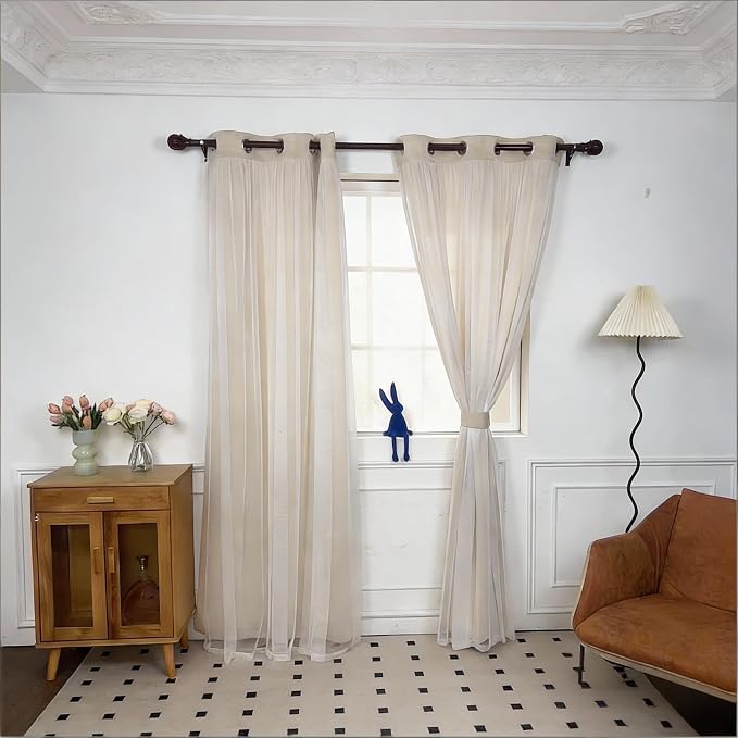 INLINAS Beige Blackout Curtains with Sheer Overlay - Grommet Top Thermal and Noise Reduction Panels for Bedroom and Living Room Light Blocking and Energy Saving, 37 x 84 Inches, Set of 2