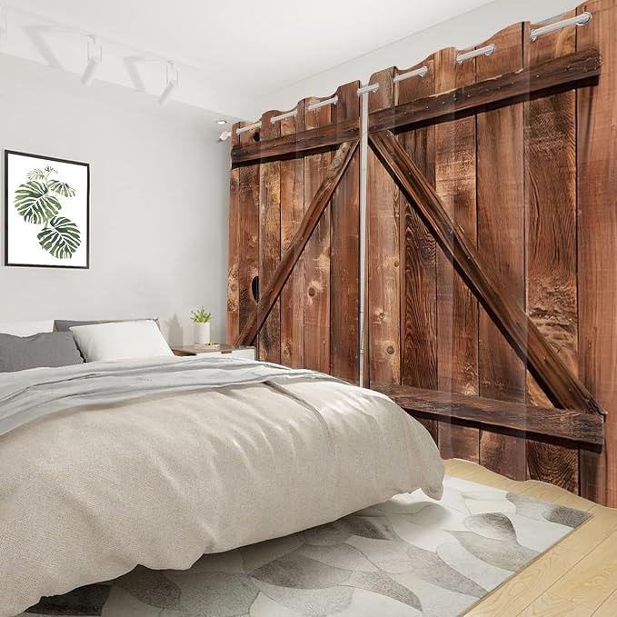 Old Tan Wooden Window Curtains American Rustic Garage Door Curtains Vintage Barn Door Drapes Wood Planks Rural Style Native Country Farmhouse Bedroom Window Treatment, 21x45 inch, 2 Panels