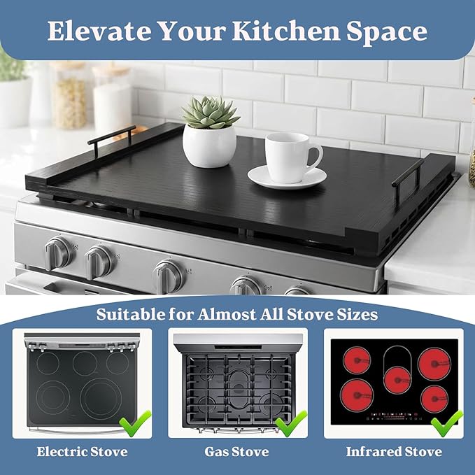 Black Stove Top Cover for Gas & Electric Range | 30"x22" Wooden Noodle Board with Handles | Multi-Layered Wood Kitchen Space Saver