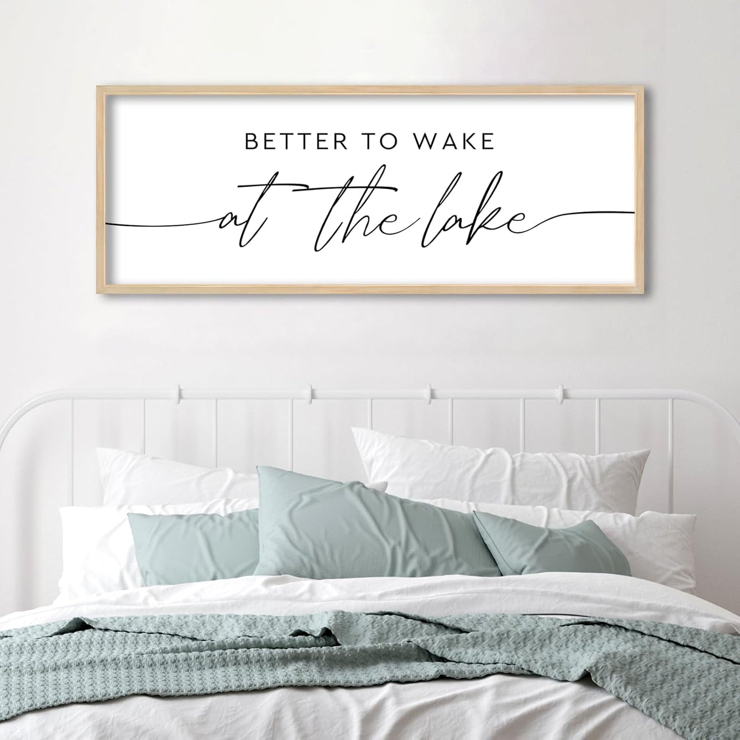 SRSZHIYUE Better To Wake At The Lake Wall Decor Above Bed Sign 32"×12" for Lake House Bedroom Over Bed Large Wood Framed Wall Hanging Art (Wood)