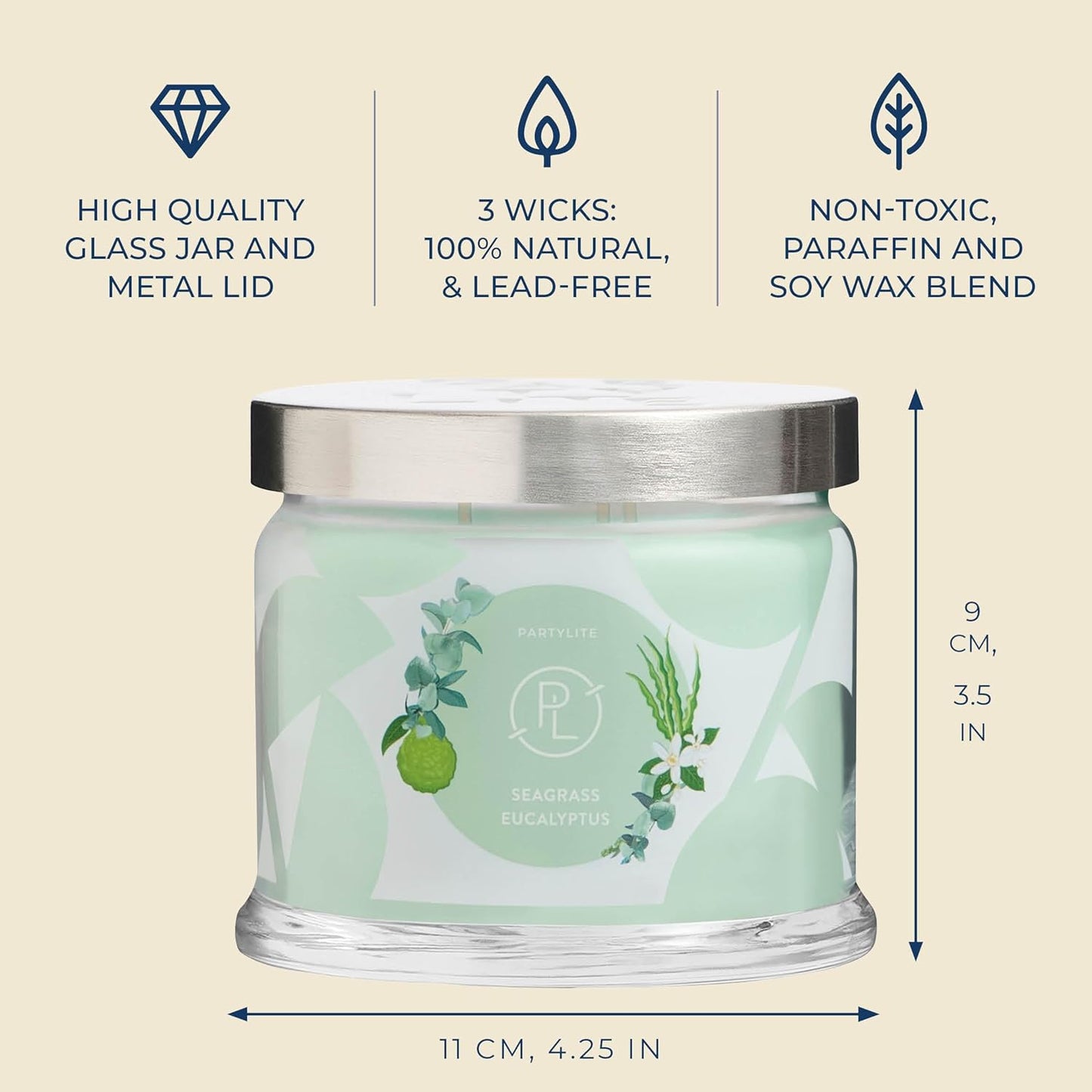 PartyLite Sea Grass Eucalyptus Scented, Notes of Eucalyptus, Lemon, Seagrass & Driftwood, 13.2oz 3-Wick Jar Candle, 45 Hour Burn Time, Luxurious Fragrance, Ideal for Gifting