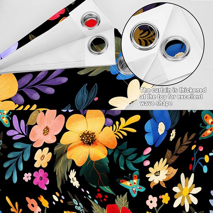 Colorful Flowers Floral Curtain Boho Pile Flowers Halloween Spring Summer Decor Women Girls Wife Mom Kids Bedroom Nursery Kitchen Dining Living Room Darkening Grommet Window Drapes 2 Panels, 42"x63"
