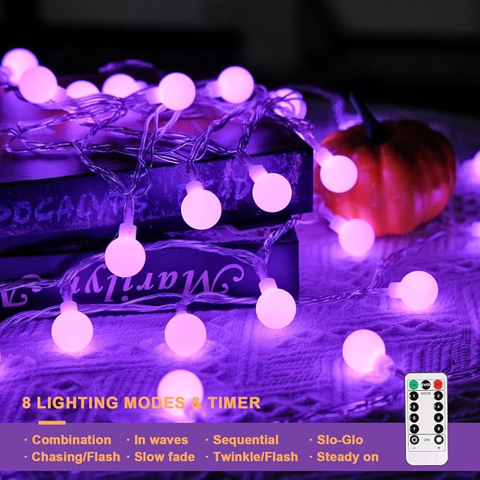 JMEXSUSS 100 LED Purple Globe String Lights Battery Operated with 8 Modes | 33ft Indoor Christmas Lights with Remote, Battery Powered Fairy Lights Outdoor for Room Bedroom Party Patio Yard Decor