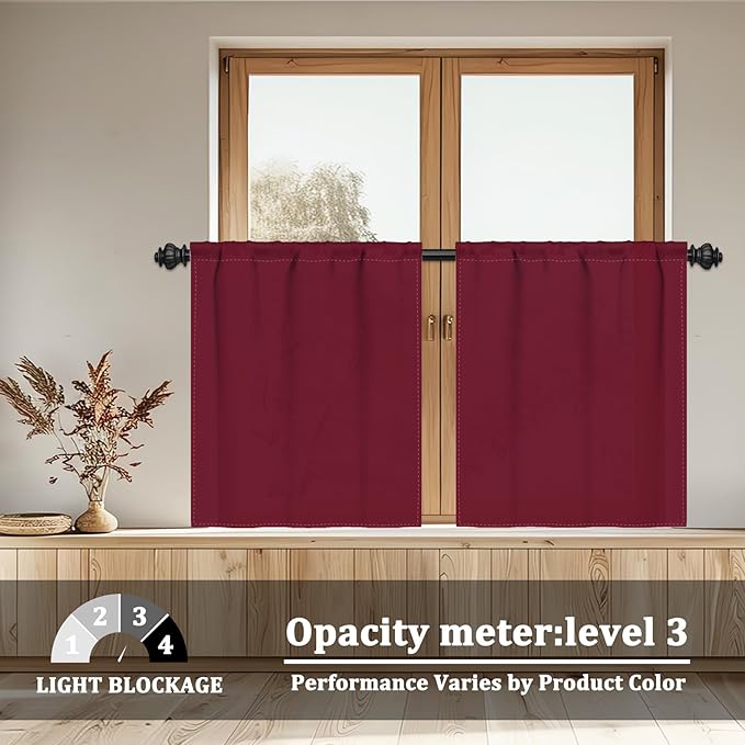 Renaiss 26 x 24 Inch Burgundy Red Semi-Blackout Window Curtains for Kitchen Bathroom Window Treatment Tier Rod Pocket Christmas Decorative Curtains with Back Tab Linen Texture Curtains 2 Panels