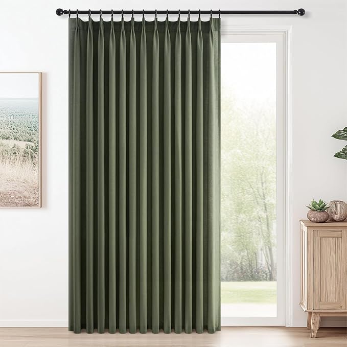 Topfinel Olive Green Pinch Pleated Linen Curtains 84 Inch Length 1 Panels for Bedroom Living Room Textured Semi Sheer Window Curtain Boho Neutral Back Tab Pinch Pleat Drape with Hooks 84 Inches Long