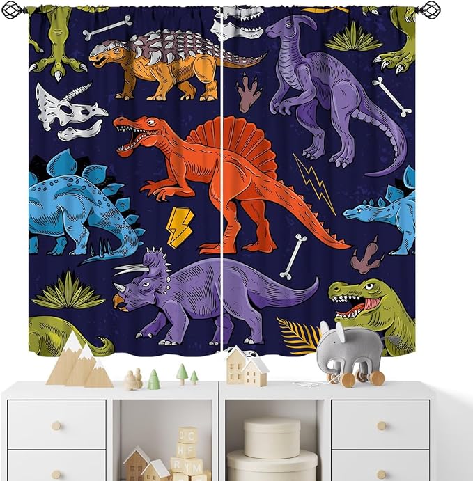 Dinosaur Curtains Cartoon Dino Ancient Jungle Forest Wildlife Animal Theme Art Printed Window Drapes for Boys Girls Children Nursery Bedroom Decor Fabric Set 2 Panel 63x63 Inch 80% Shading Rate