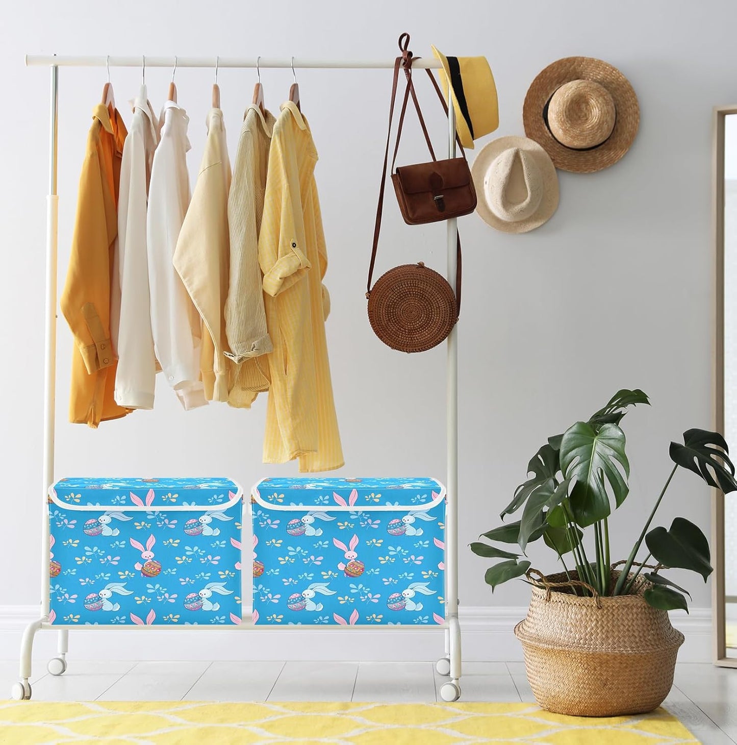 susiyo Blue Bunnies Colored Eggs fabric storage baskets with lids,Collapsible Storage Boxes,Foldable storage boxes with handles for Home,Office,Closet Organization