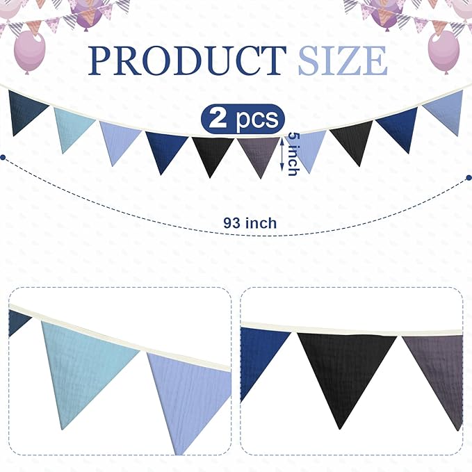 Oudain 2 Pcs Pennant Banner Flags Nursery Garland Triangle Bunting Flags Playroom Wall Decor Banner for Nursery Baby Shower Birthday Boho Wedding Party Event, Each 7.75 ft(Blue Color)