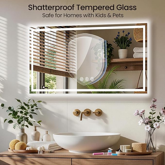 48X40 LED Bathroom Mirror with Lights, Anti-Fog, Backlit + Front Lit (CRI>90), Lighted Bathroom Vanity Mirror for Wall, Memory Function, Dimmable, Tempered Glass, Shatter-Proof