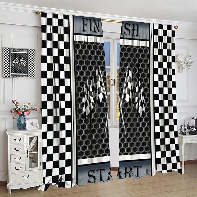 Race Car Flag Curtain,Boy Kid Black White Checkered 9D Grey Honeycomb Modern Geometric Window Curtains Cafe Dining Room Office Living Room Kitchen Bedroom Drapes, 72x63 in