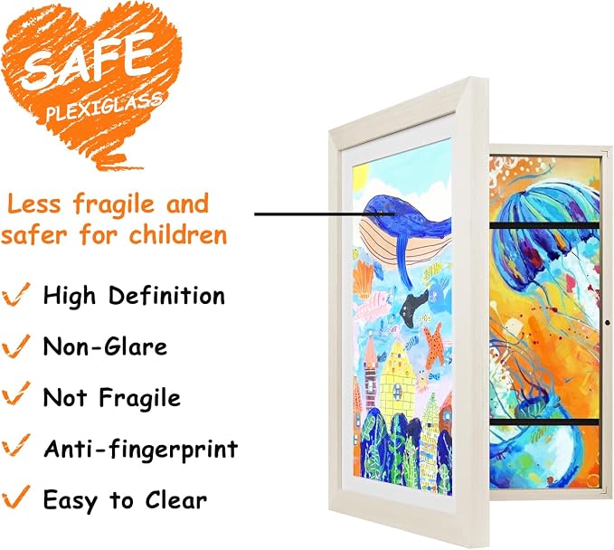 KINLINK 9x12 Kids Art Frame 2 Pack, Solid Wood Artwork Frames Changeable, Front Opening Hold 150 Pictures, Art Frames for Kids Artwork, 8.5x11 with Mat 9x12 without Mat, Picture Frames White Wood