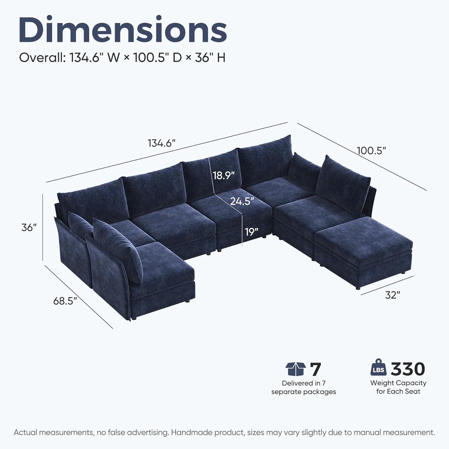 134.6" Oversized Modular Sectional Sofa, Large 7 Seater U Shaped Couch with Storage Ottoman with Reversible Chaise Deep Seat for Living Room, Apartment - Chenille Blue