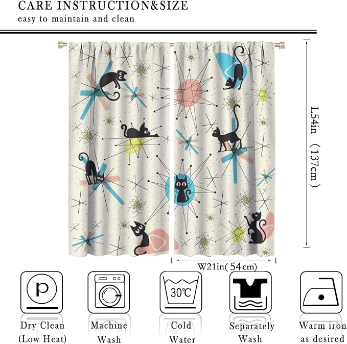JESTRONRY Mid Century Curtains, Black Cat Atomic Stars Abstract Geometric Vintage Kitty Animal Room Darkening Door Window Rod Pocket Curtain for Living Room Bedroom 42x54in