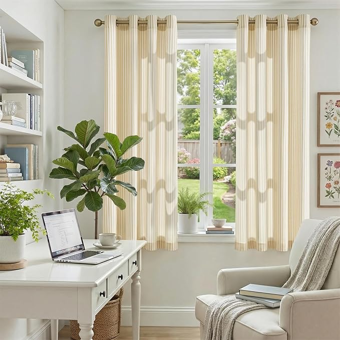 jinchan Linen Curtains 63 inch Yellow Stripe on White Grommet 2 Panels | Curtains for Living Room Bedroom,Ticking Vertical Stripe Pattern,Modern Farmhouse Drapes, Window Treatment,Light Filtering