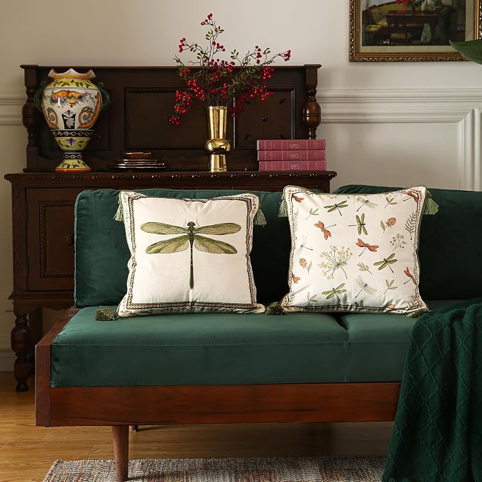 ISAENNE Designer French Velvet Throw Pillow Cover,18"x18" Set of 2-Grace C | Pillow Cover,Concealed Zipper Design,Dragonfly Pattern,Sofas,Bedroom,Living Room,Lounge Chairs,All Season Home Decor